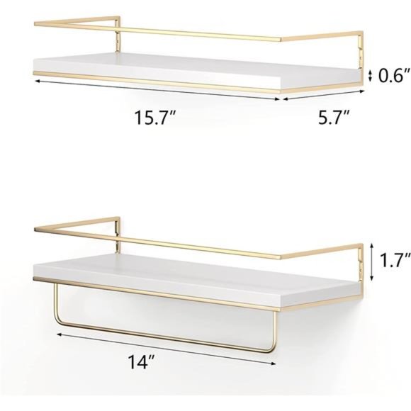 White Floating Shelves-Set of 2,Wall Mounted Hanging Shelves, Golden Towel Rack - Picture 2 of 6